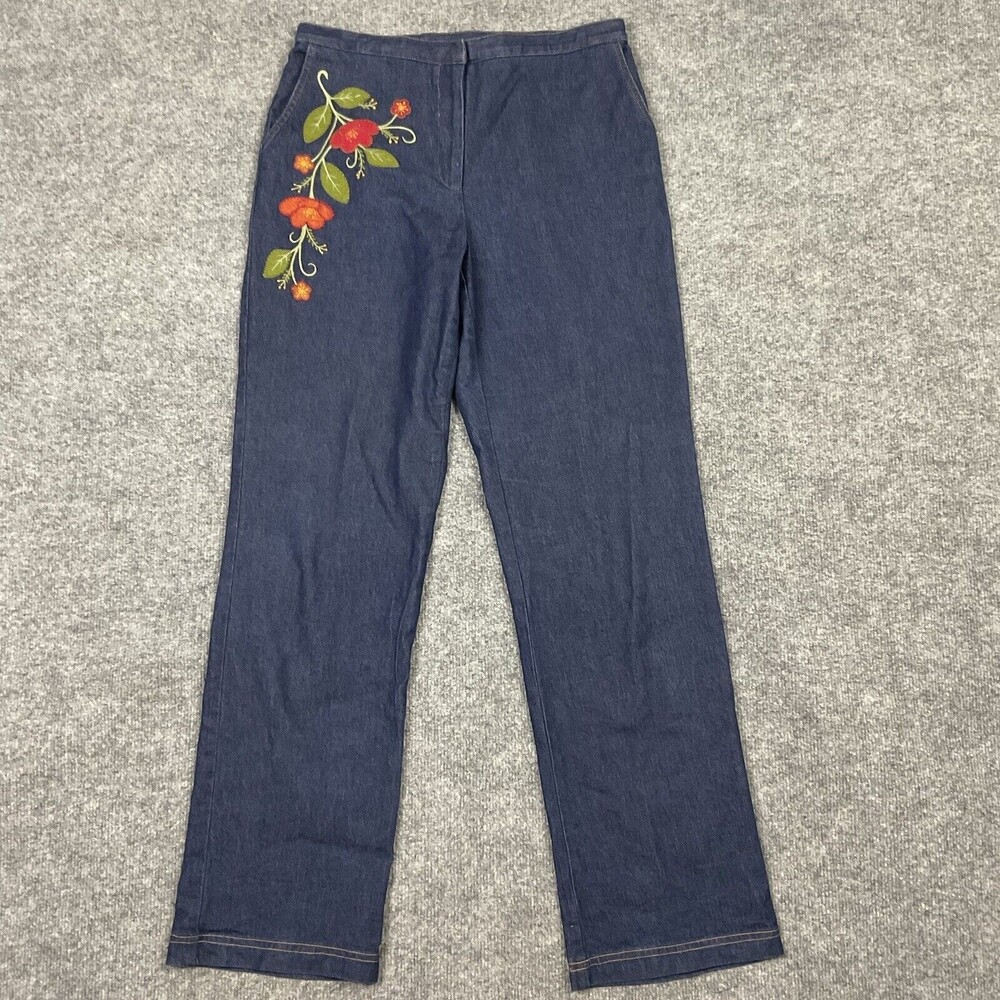 F.L.Malik Jeans Womens Size 8 Blue Denim Floral Embroidery